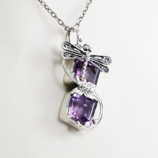 genuine amethyst pendant necklace decorated with 925 sterling silver dragonfly and 18K yellow gold ornament