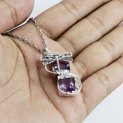 genuine amethyst pendant necklace decorated with 925 sterling silver dragonfly and 18K yellow gold ornament