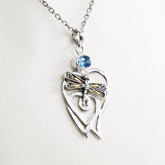 blue topaz pendant necklace 925 sterling silver and 18K yellow gold dragonfly ornament