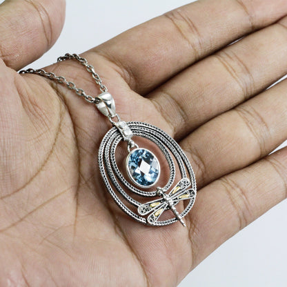 Blue topaz pendant necklace 925 sterling silver and 18K yellow gold dragonfly decorated with foxtail chain