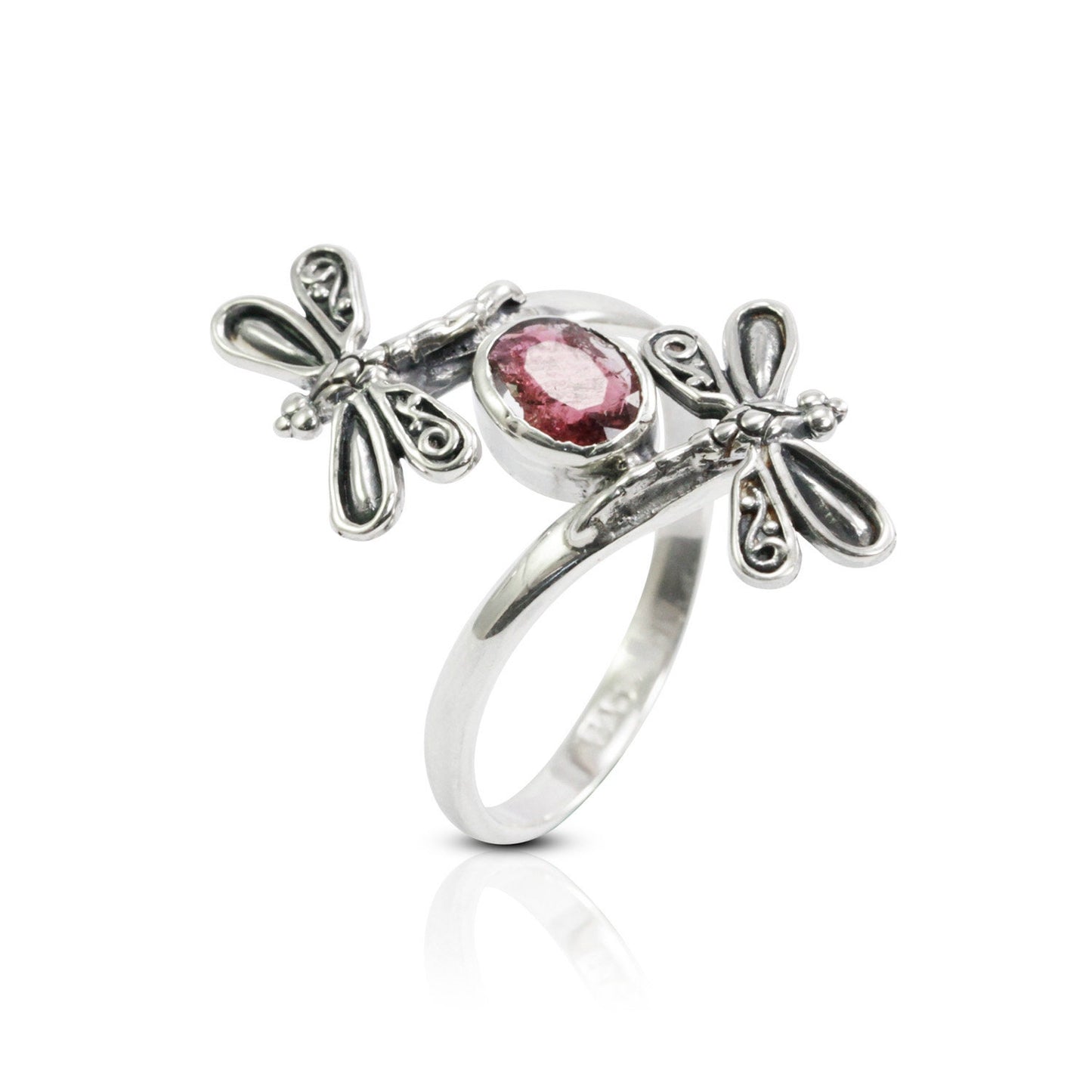 bypass ring 925 sterling silver with tourmaline and filigree dragonfly