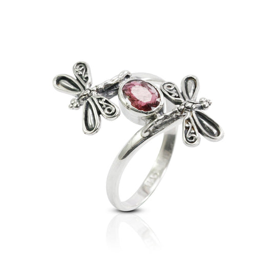 bypass ring 925 sterling silver with tourmaline and filigree dragonfly