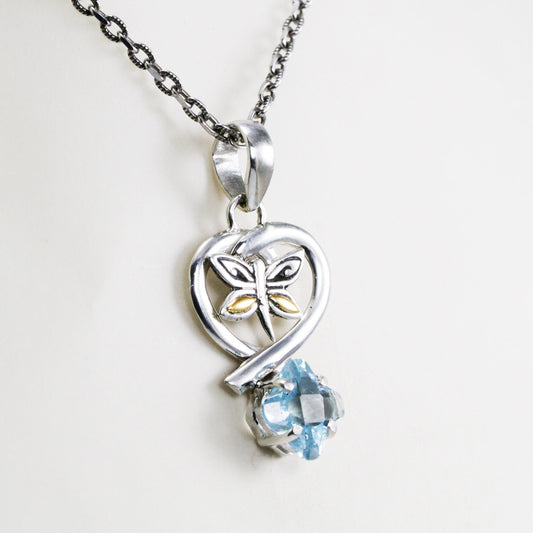 Blue topaz pendant necklace 925 sterling silver and 18K yellow gold dragonfly