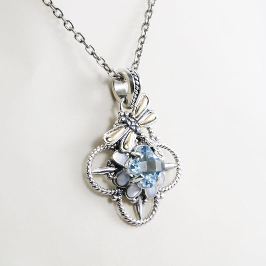 silver flower pendant necklace with genuine blue topaz set in 925 sterling silver and 18 K yellow gold dragonfly