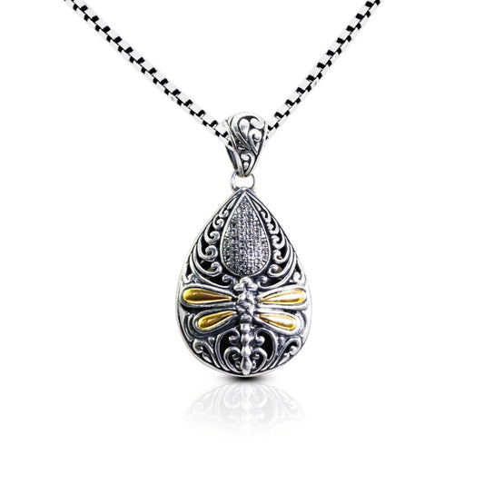 pear shape pendant necklace 925 sterling silver and 18K yellow gold decorated with filigree ornament