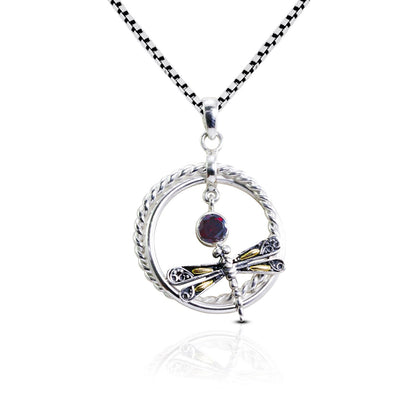 circle pendant 925 sterling silver and 18K yellow gold dragonfly with genuine red garnet