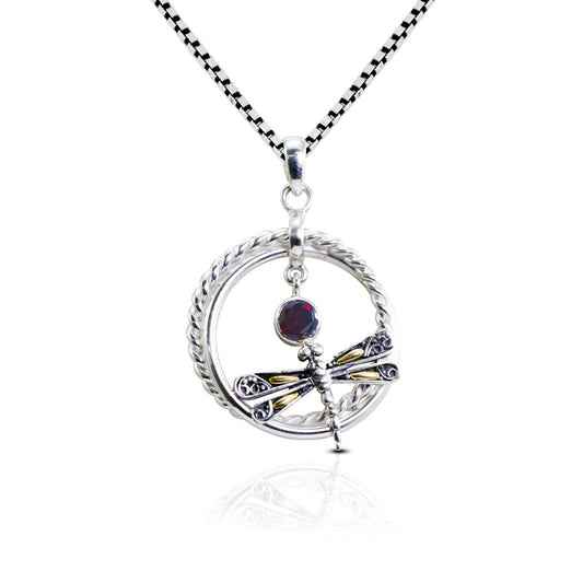 circle pendant 925 sterling silver and 18K yellow gold dragonfly with genuine red garnet