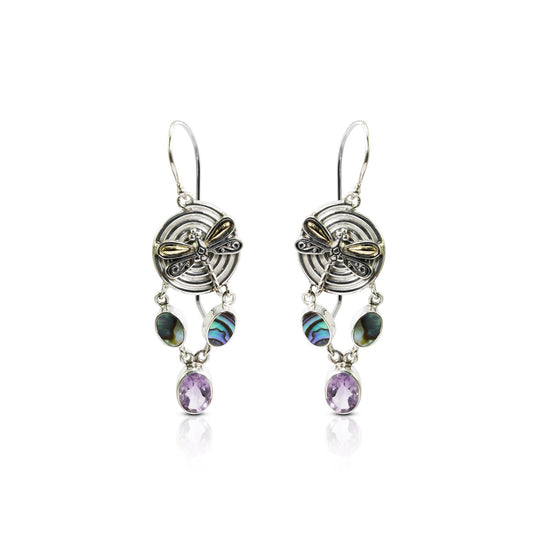 circle earrings 925 sterling silver and 18K yellow gold dragonfly decorated with amethyst and abalone shell