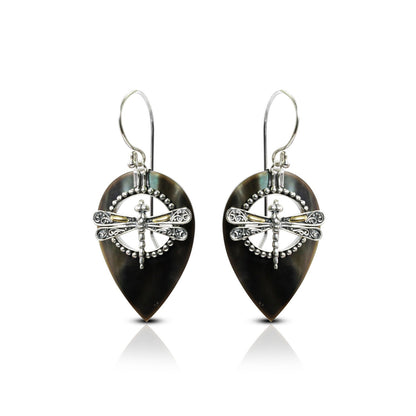 pear shape earrings dangle drop 925 sterling silver and 18K yellow gold with black shell