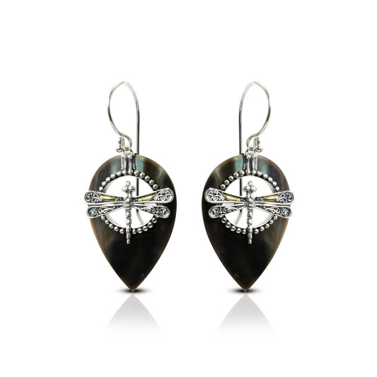 pear shape earrings dangle drop 925 sterling silver and 18K yellow gold with black shell