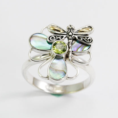 clover ring 925 sterling silver with 18K yellow gold dragonfly ornament, genuine peridot and abalone shell