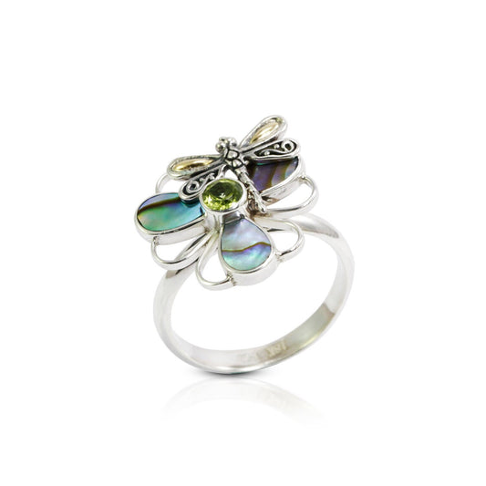 clover ring 925 sterling silver with 18K yellow gold dragonfly ornament, genuine peridot and abalone shell