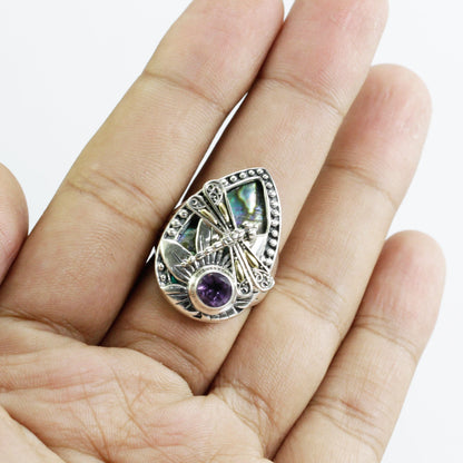 flower ring 925 sterling silver with 18K dragonfly ornament, genuine amethyst and abalone shell