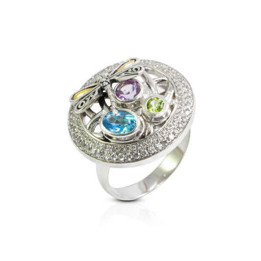 Multi stones ring 925 sterling silver with 18K yellow gold dragonfly ornament