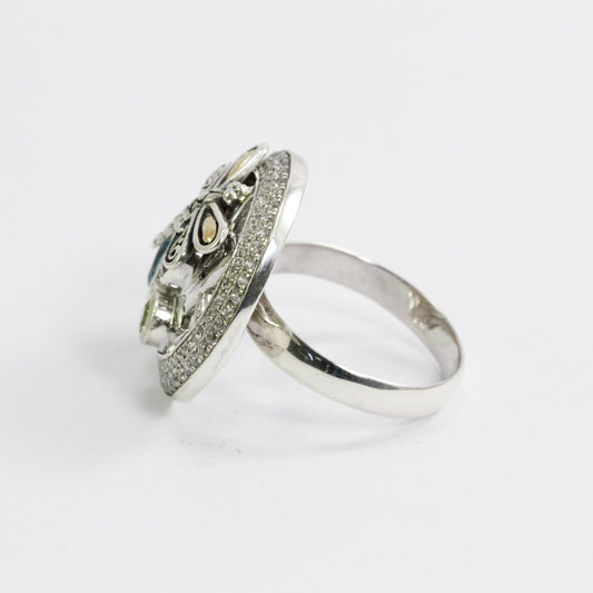 Multi stones ring 925 sterling silver with 18K yellow gold dragonfly ornament