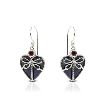 Dragonfly earrings 925 sterling silver with genuine garnet and black shell