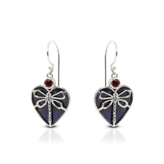 Dragonfly earrings 925 sterling silver with genuine garnet and black shell