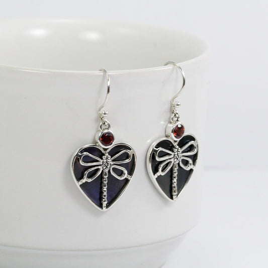 Dragonfly earrings 925 sterling silver with genuine garnet and black shell