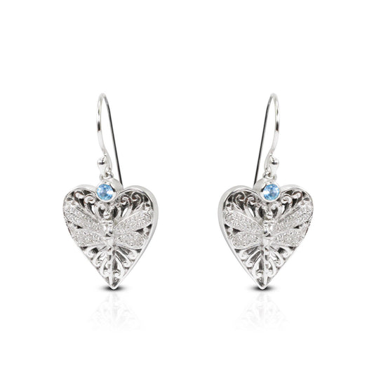 heart shape earrings 925 sterling silver with genuine blue topaz and dragonfly ornament micro setting