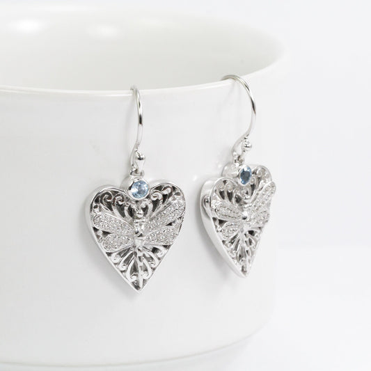 heart shape earrings 925 sterling silver with genuine blue topaz and dragonfly ornament micro setting
