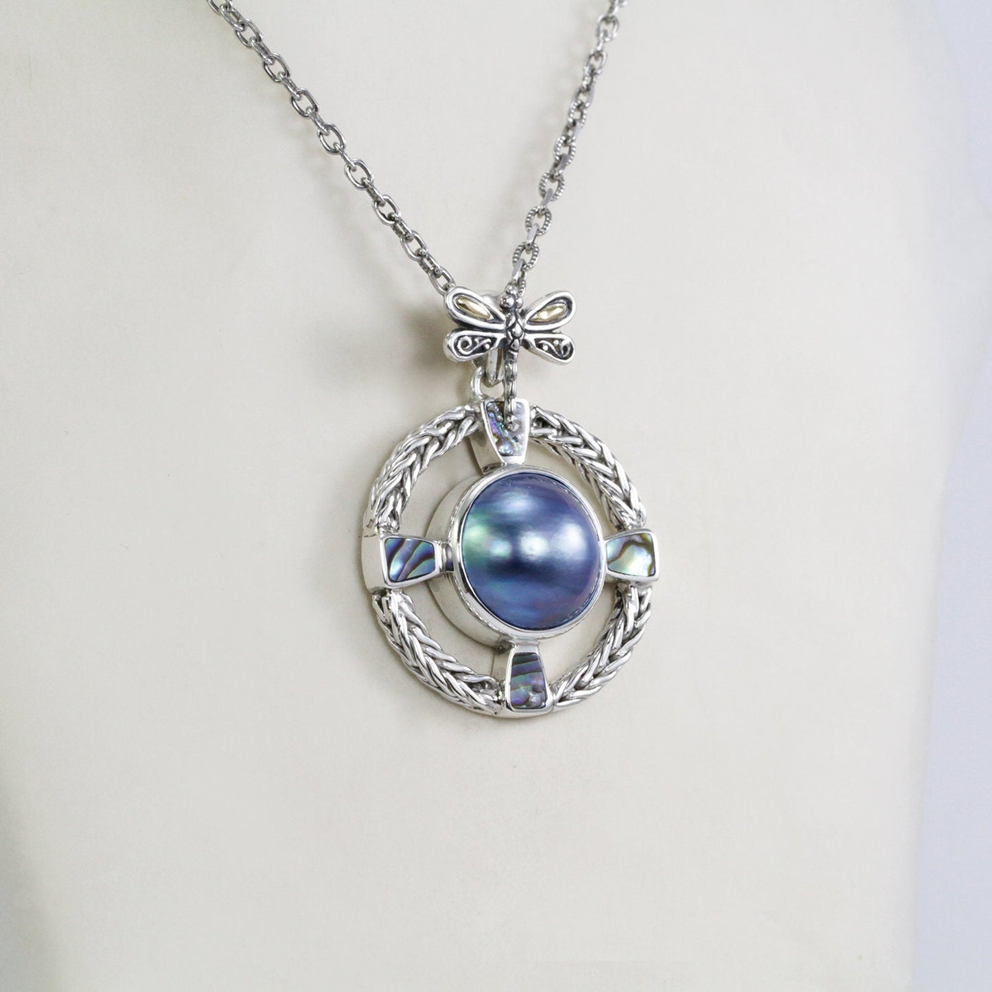 blue mabe pearl pendant necklace 925 sterling silver decorated with dragonfly 18K yellow gold and paua shell and chain ornament