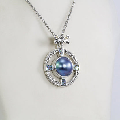 blue mabe pearl pendant necklace 925 sterling silver decorated with dragonfly 18K yellow gold and paua shell and chain ornament