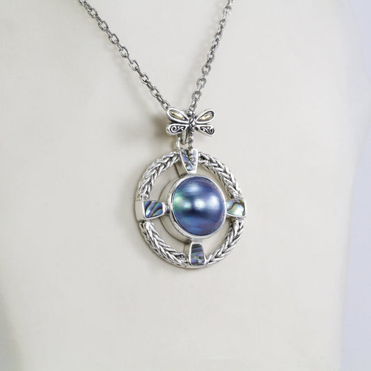 blue mabe pearl pendant necklace 925 sterling silver decorated with dragonfly 18K yellow gold and paua shell and chain ornament