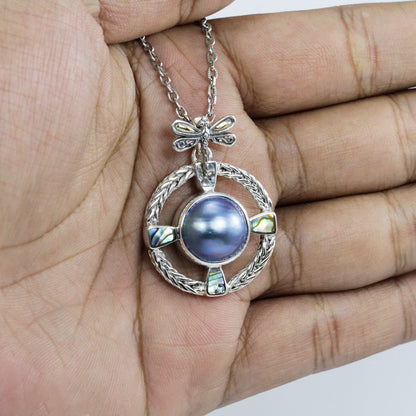blue mabe pearl pendant necklace 925 sterling silver decorated with dragonfly 18K yellow gold and paua shell and chain ornament