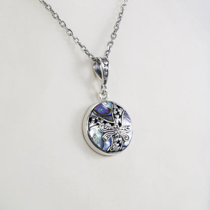 abalone pendant necklace set in 925 sterling silver decorated with dragonfly ornament