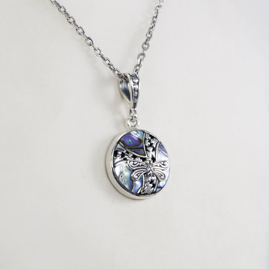 abalone pendant necklace set in 925 sterling silver decorated with dragonfly ornament