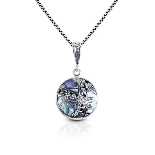 abalone pendant necklace set in 925 sterling silver decorated with dragonfly ornament