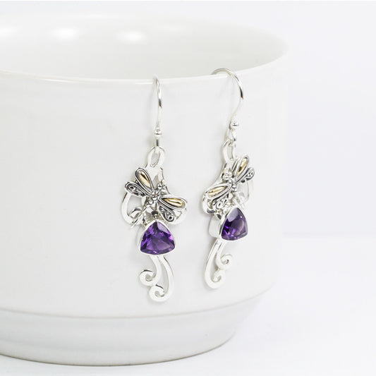 amethyst earrings dangle drop 925 sterling silver decorated with 18K yellow gold dragonfly ornament