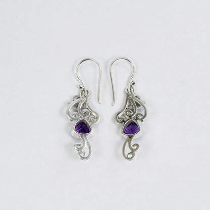 amethyst earrings dangle drop 925 sterling silver decorated with 18K yellow gold dragonfly ornament