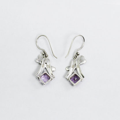 square amethyst earrings dangle drop 925 sterling silver decorated with 18K yellow gold dragonfly ornament