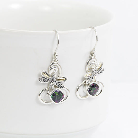 Mystic topaz earrings dangle drop 925 sterling silver decorated with 18K yellow gold dragonfly ornament