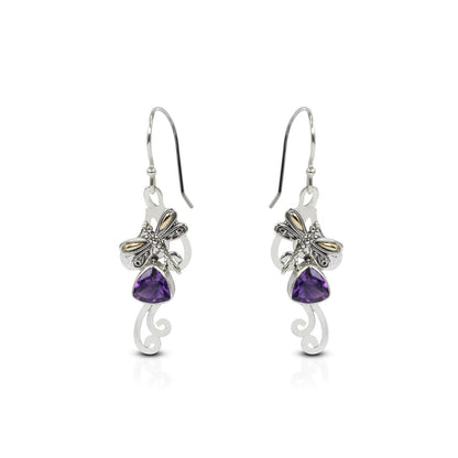 amethyst earrings dangle drop 925 sterling silver decorated with 18K yellow gold dragonfly ornament