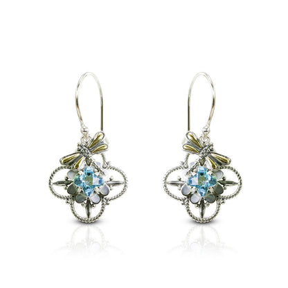 flower earrings with genuine blue topaz set in 925 sterling silver decorated with dragonfly ornament and 18K yellow gold