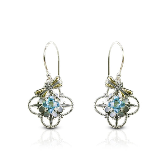 flower earrings with genuine blue topaz set in 925 sterling silver decorated with dragonfly ornament and 18K yellow gold