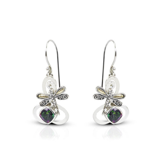 Mystic topaz earrings dangle drop 925 sterling silver decorated with 18K yellow gold dragonfly ornament