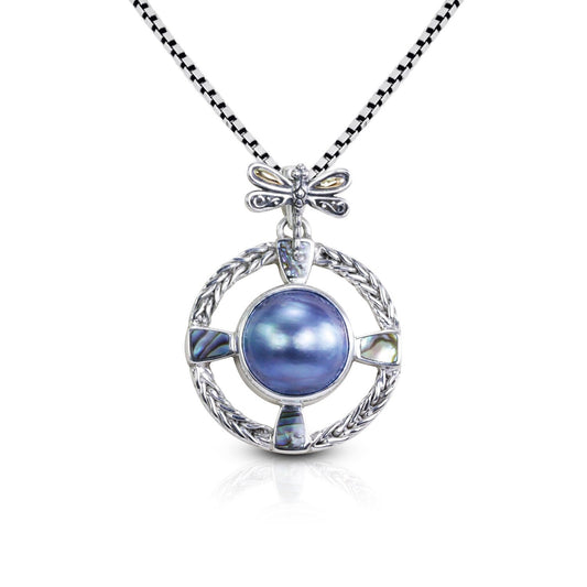 blue mabe pearl pendant necklace 925 sterling silver decorated with dragonfly 18K yellow gold and paua shell and chain ornament