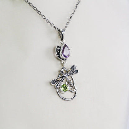 swirl pendant necklace with genuine amethyst and natural peridot decorated with 18K gold dragonfly ornament