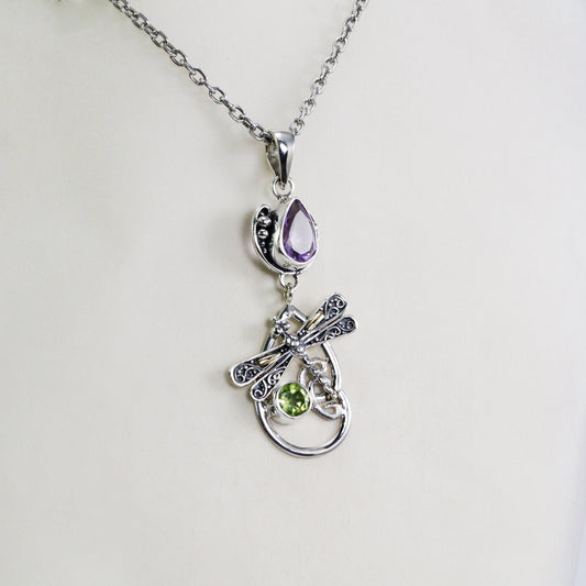 swirl pendant necklace with genuine amethyst and natural peridot decorated with 18K gold dragonfly ornament