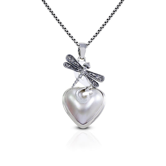 Dragonfly Pendant with genuine Heart mabe pearl and filigree ornament