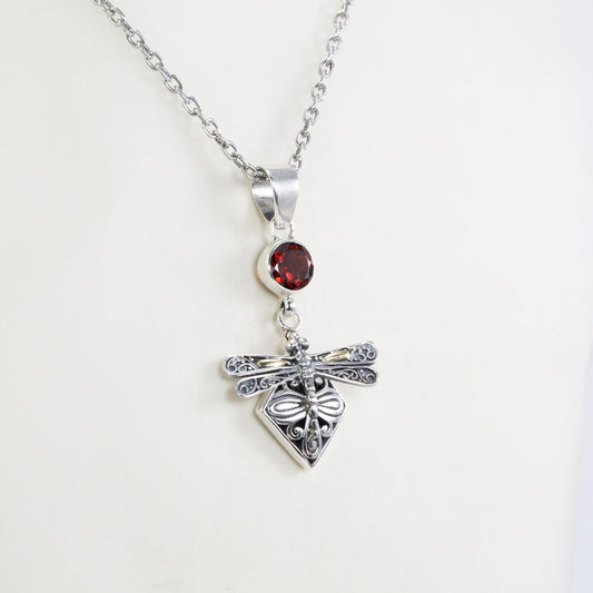 Dragonfly pendant 925 sterling silver and 18K yellow gold with genuine red garnet decorated with filigree ornament