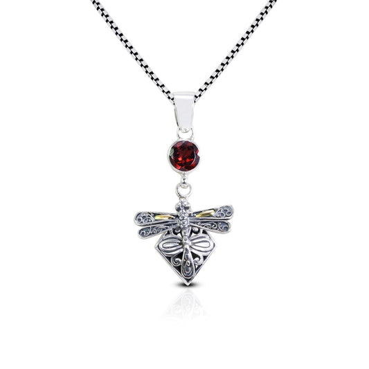 Dragonfly pendant 925 sterling silver and 18K yellow gold with genuine red garnet decorated with filigree ornament