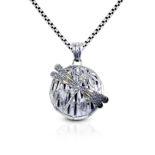 Round pendant 925 sterling silver decorated with Dragonfly ornament and bamboo carving art both side