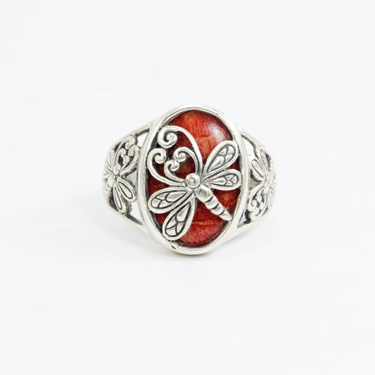 Dragonfly ring with genuine red coral decorated with dragonfly ornament