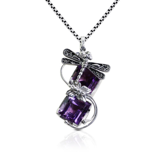 genuine amethyst pendant necklace decorated with 925 sterling silver dragonfly and 18K yellow gold ornament
