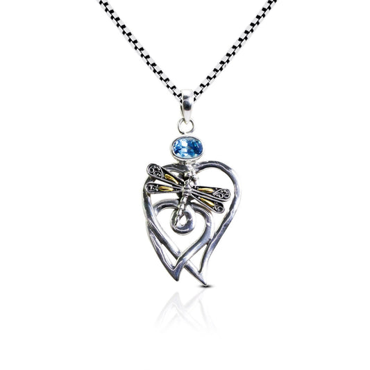 blue topaz pendant necklace 925 sterling silver and 18K yellow gold dragonfly ornament