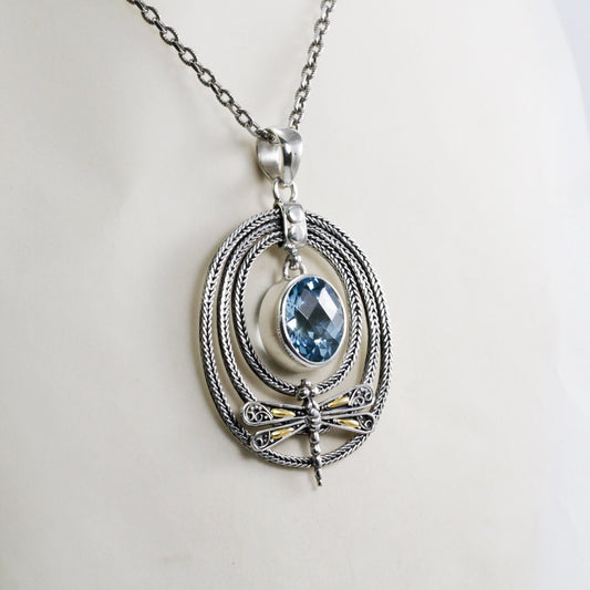Blue topaz pendant necklace 925 sterling silver and 18K yellow gold dragonfly decorated with foxtail chain